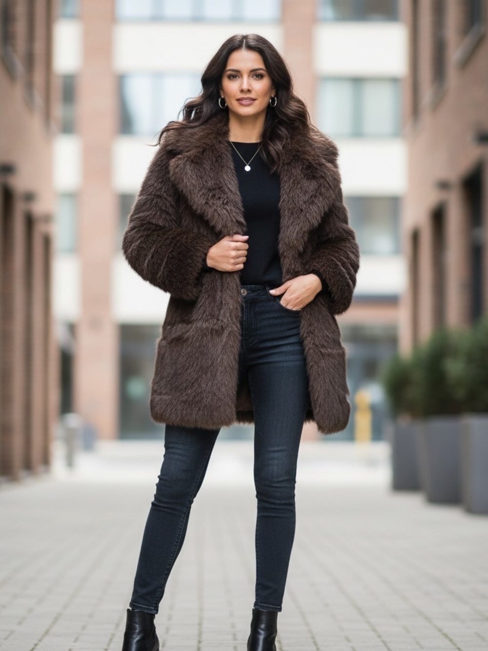 Women's Brown Faux-Fur Pea Coat - Plush Winter Jacket